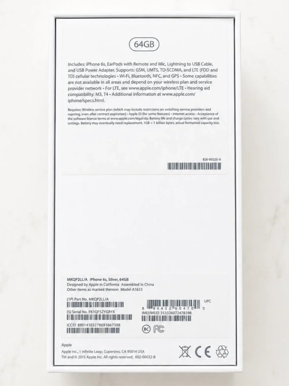 Apple iPhone 6s Original Empty Box 64GB Silver MKQP2LL/A w/ Original Inserts